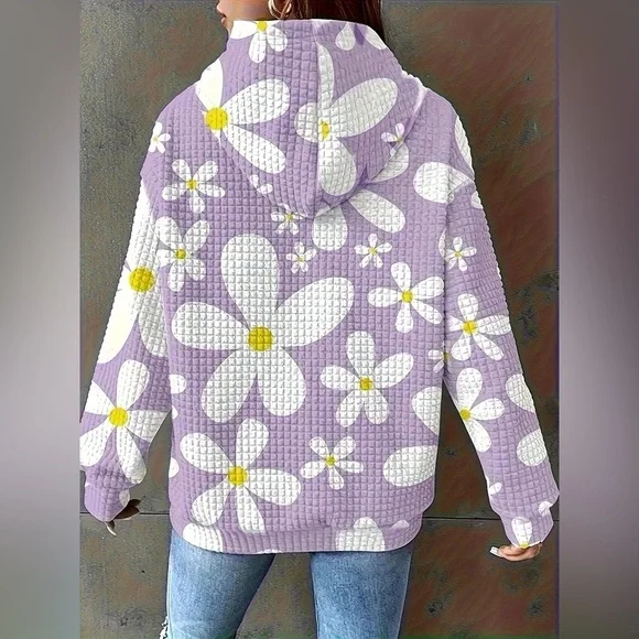 Floral Print Textured Drawstring Hoodie - Picture 11 of 11